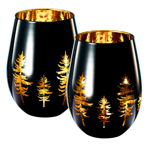 Crystal Holiday Winter Christmas Trees Black & Gold Stemless Wine Glasses - Set of 2