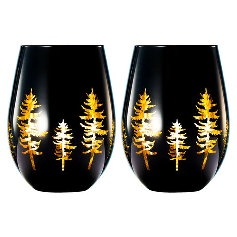 Crystal Holiday Winter Christmas Trees Black & Gold Stemless Wine Glasses - Set of 2