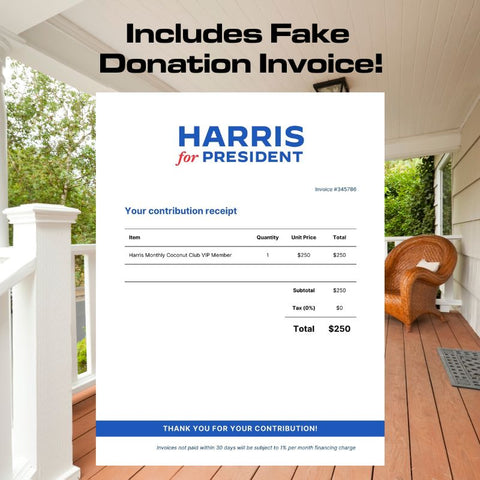 Kamala Harris Coconut Club Prank Package With Fake Donation Invoice