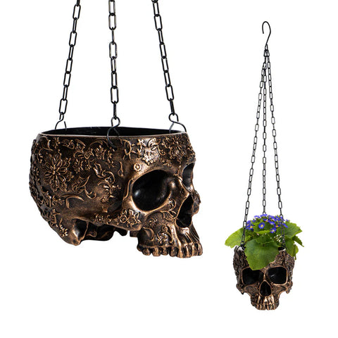 Skeleton Hanging Halloween Candy Bowl, Skull Plant Planter Pot Black - with Metal Chain & Hook - 6" H (Copper)