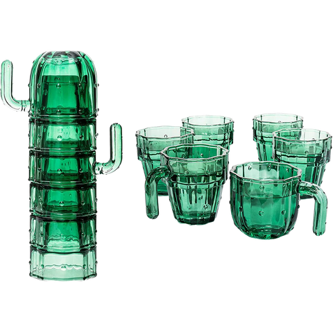 Cactus Stackable Glasses, Stacktus Gifts, Set of 6-10 oz Cactus Shape Glasses With Handles