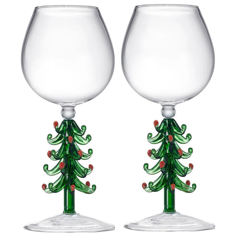 Crystal Green Christmas Tree Wine Glasses - Set of 2