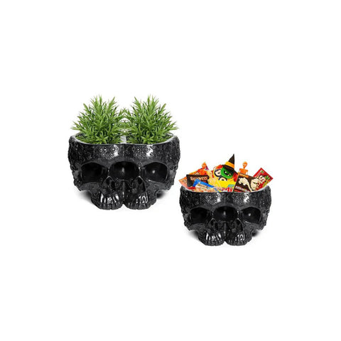 Double Head Skull Halloween Candy Bowl, Planter Pots 4" H Polyresin Spooky Skulls Server Tray