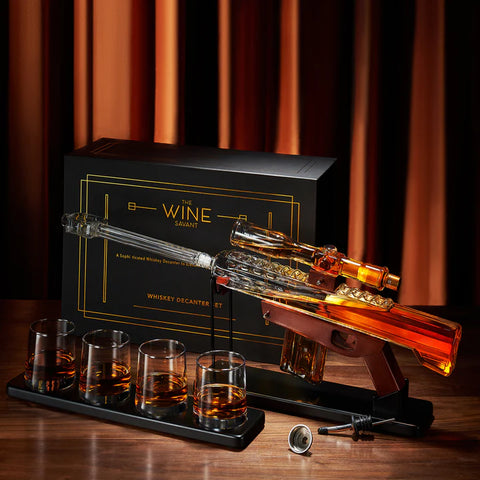 Whiskey Decanter Set - Sniper Scope Glass Gun AR Limited Edition, Silencer Stopper - 22oz & 4, 5oz Bullet Glasses