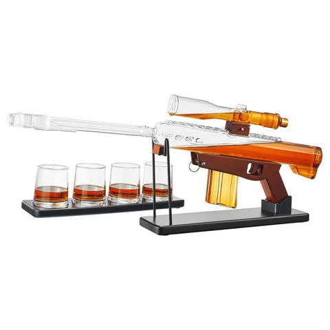 Whiskey Decanter Set - Sniper Scope Glass Gun AR Limited Edition, Silencer Stopper - 22oz & 4, 5oz Bullet Glasses