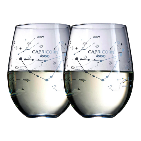 Set of 2 Zodiac Sign Wine Glasses with 2 Wooden Coasters (Capricorn)