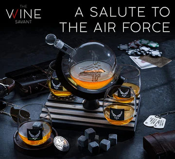 Airforce Whiskey Decanter Set: 4 Liquor Glasses, Air Force Whisky Decanter & Glass Set with Wood Base & 9 Whiskey Stones - US Airforce Gifts for Men - Globe Bourbon & Scotch Gifts for Dad