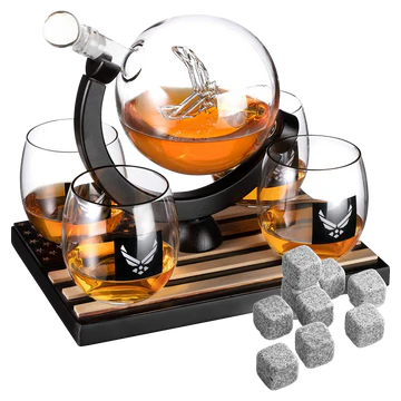 Airforce Whiskey Decanter Set: 4 Liquor Glasses, Air Force Whisky Decanter & Glass Set with Wood Base & 9 Whiskey Stones - US Airforce Gifts for Men - Globe Bourbon & Scotch Gifts for Dad