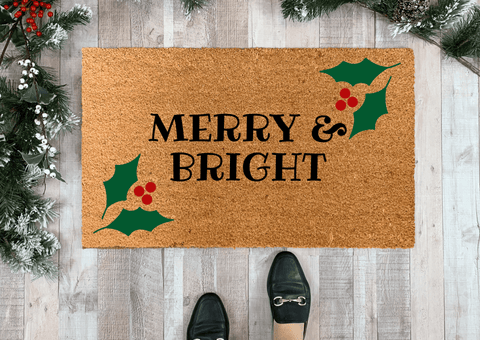 Merry and Bright Christmas Holly Doormat