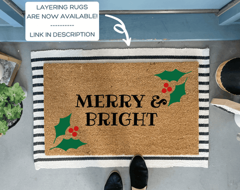 Merry and Bright Christmas Holly Doormat