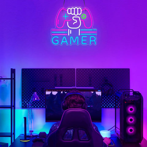 Gamer Neon Sign, Bright and Dimmable Large Colorful Neon Light for Gaming Video Room Bedroom Wall Decor, USB Powered LED Game Room Night Lights Gift for Boys Teen Kids Gamers(15.4X12.6") (Gamer)