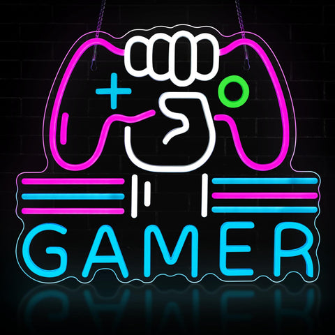 Gamer Neon Sign, Bright and Dimmable Large Colorful Neon Light for Gaming Video Room Bedroom Wall Decor, USB Powered LED Game Room Night Lights Gift for Boys Teen Kids Gamers(15.4X12.6") (Gamer)