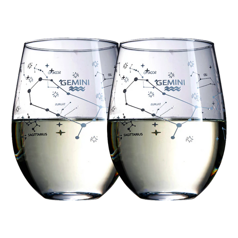 Set of 2 Zodiac Sign Wine Glasses with 2 Wooden Coasters (Gemini)