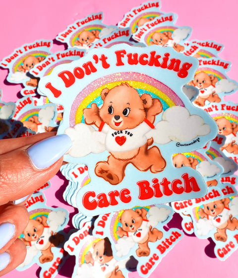 Lolly The Bear - Funny Vinyl Sticker – I Don’t F*cking Care Bitch Bear – Waterproof Holographic Rainbow Deca