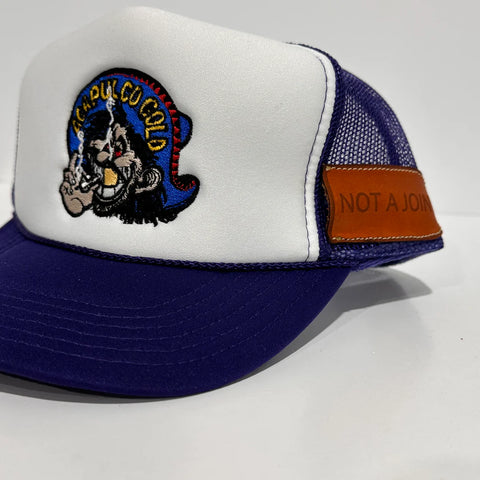 Acapulco Gold With Sewed on Leather Pocket Purple Mesh Trucker SnapBack Cap Hat Custom Embroidered