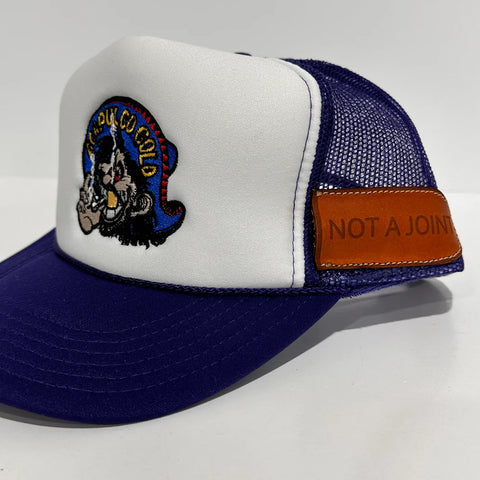 Acapulco Gold With Sewed on Leather Pocket Purple Mesh Trucker SnapBack Cap Hat Custom Embroidered