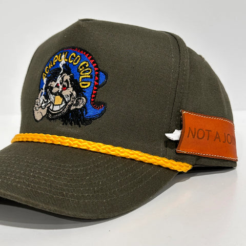 Acapulco Gold With Sewed on Side Leather Pocket Army Green Rope Tall Crown Mesh Back Trucker SnapBack Cap Hat Custom Embroidered