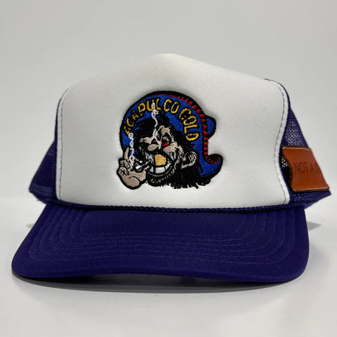 Acapulco Gold With Sewed on Leather Pocket Purple Mesh Trucker SnapBack Cap Hat Custom Embroidered