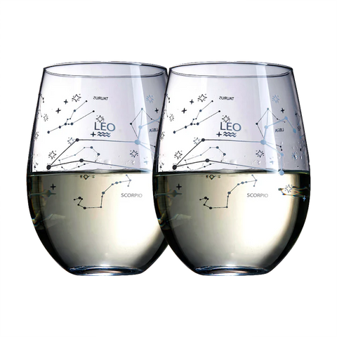 Set of 2 Zodiac Sign Wine Glasses with 2 Wooden Coasters (Leo)