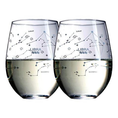 Set of 2 Zodiac Sign Wine Glasses with 2 Wooden Coasters (Libra)