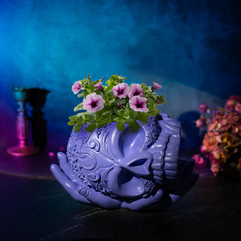 Skull Halloween Candy Bowl, Plant Planter Pot with Hand (Purple)