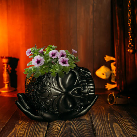 Skull Halloween Candy Bowl, Plant Planter Pot with Hand (Black)