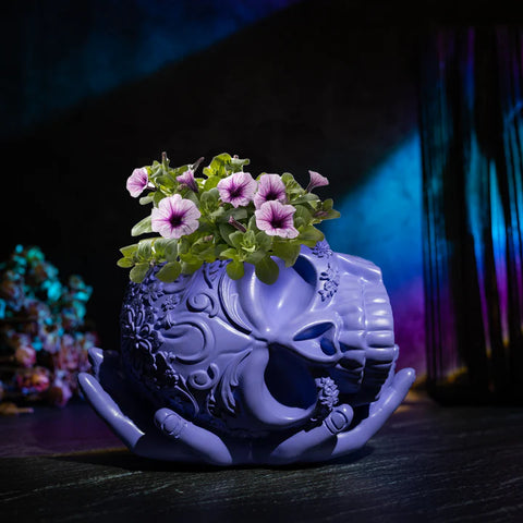 Skull Halloween Candy Bowl, Plant Planter Pot with Hand (Purple)