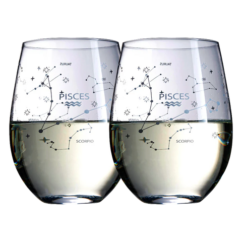 Set of 2 Zodiac Sign Wine Glasses with 2 Wooden Coasters (Pisces)