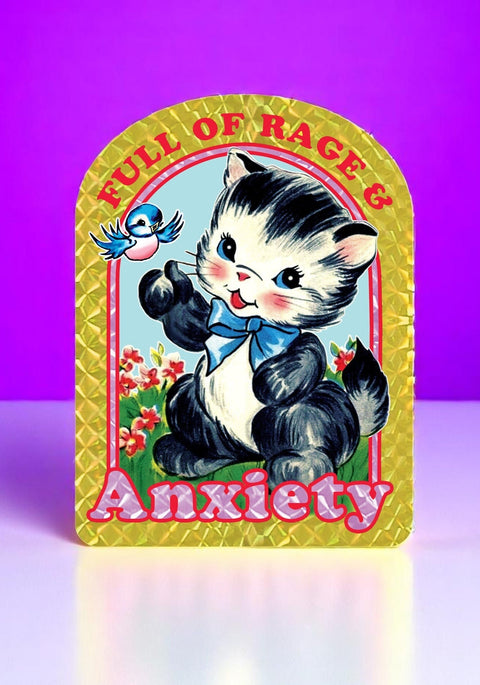 Full of Rage & Anxiety – Retro Cat Holographic Sticker