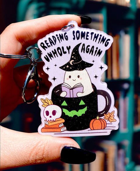 Reading Something Unholy Again Halloween Keychain