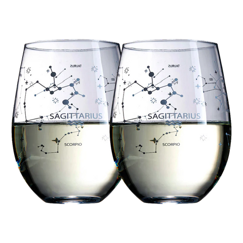 Set of 2 Zodiac Sign Wine Glasses with 2 Wooden Coasters (Sagittarius)