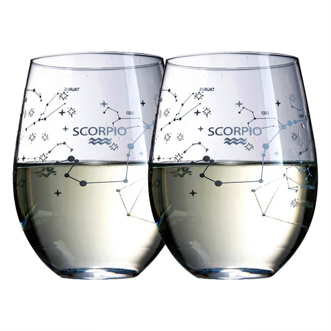 Set of 2 Zodiac Sign Wine Glasses with 2 Wooden Coasters (Scorpio)