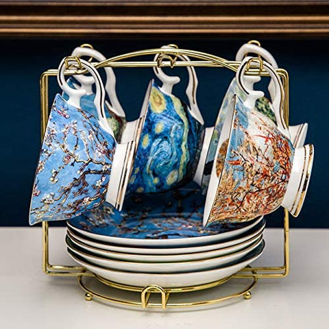 Van Gogh Bone China Set of 6 Cups and Saucers With Rack