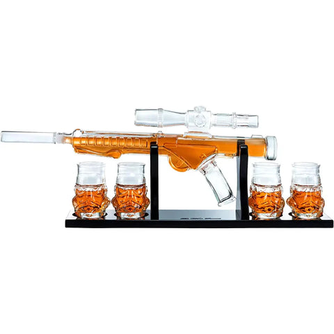 Blaster Gun Whiskey & Wine Decanter Set Glasses - Mahogany Wooden Base