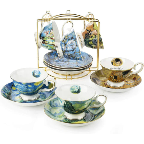 Van Gogh Bone China Set of 6 Cups and Saucers With Rack