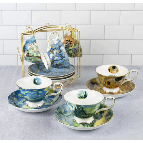 Van Gogh Bone China Set of 6 Cups and Saucers With Rack