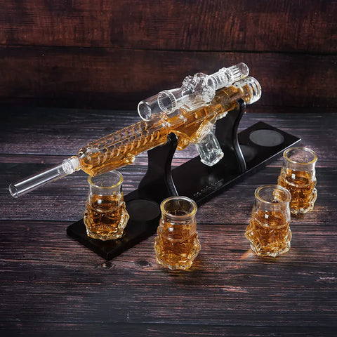 Blaster Gun Whiskey & Wine Decanter Set Glasses - Mahogany Wooden Base