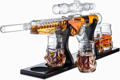 Blaster Gun Whiskey & Wine Decanter Set Glasses - Mahogany Wooden Base