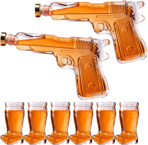 Pistol Whiskey Gun Decanter & Boots Shot Glasses Set