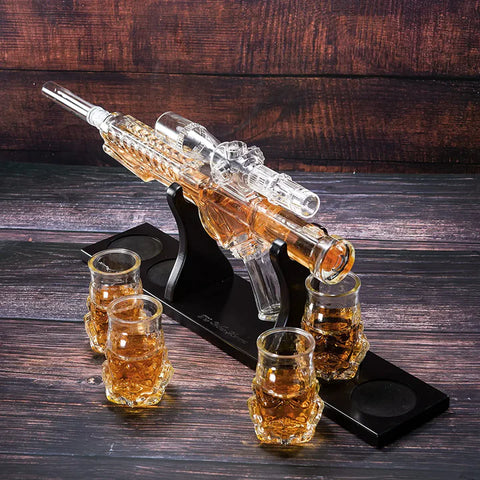 Blaster Gun Whiskey & Wine Decanter Set Glasses - Mahogany Wooden Base