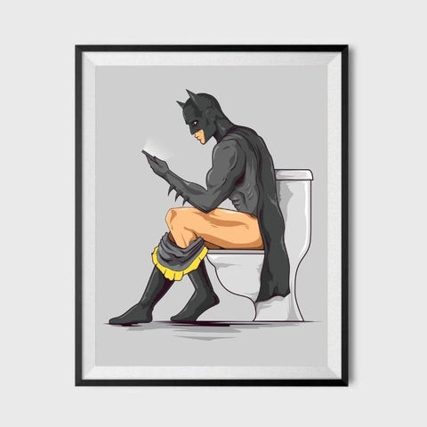 Batguy & Superdude Texting On The Toilet Bathroom Poster 11x17