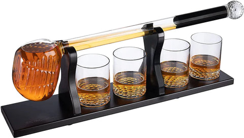 Golf Club Decanter and 4 Liquor Glasses